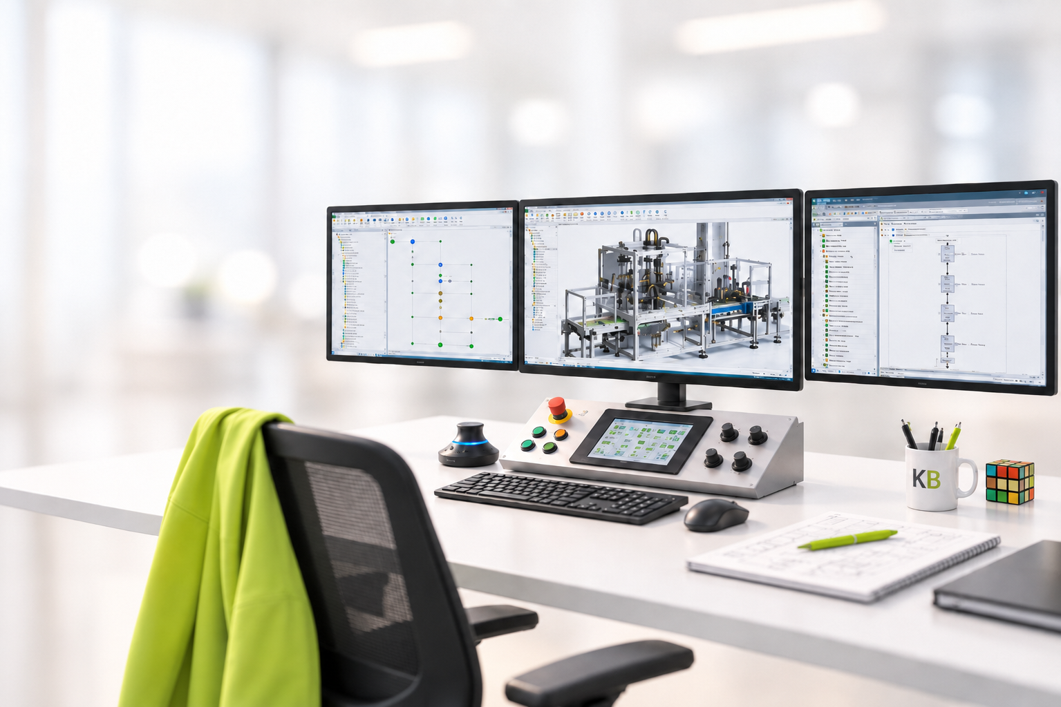 Puesto de trabajo de KEREBIKI: varios monitores con el modelo 3D, la simulación y el gemelo digital, junto al panel de control físico
