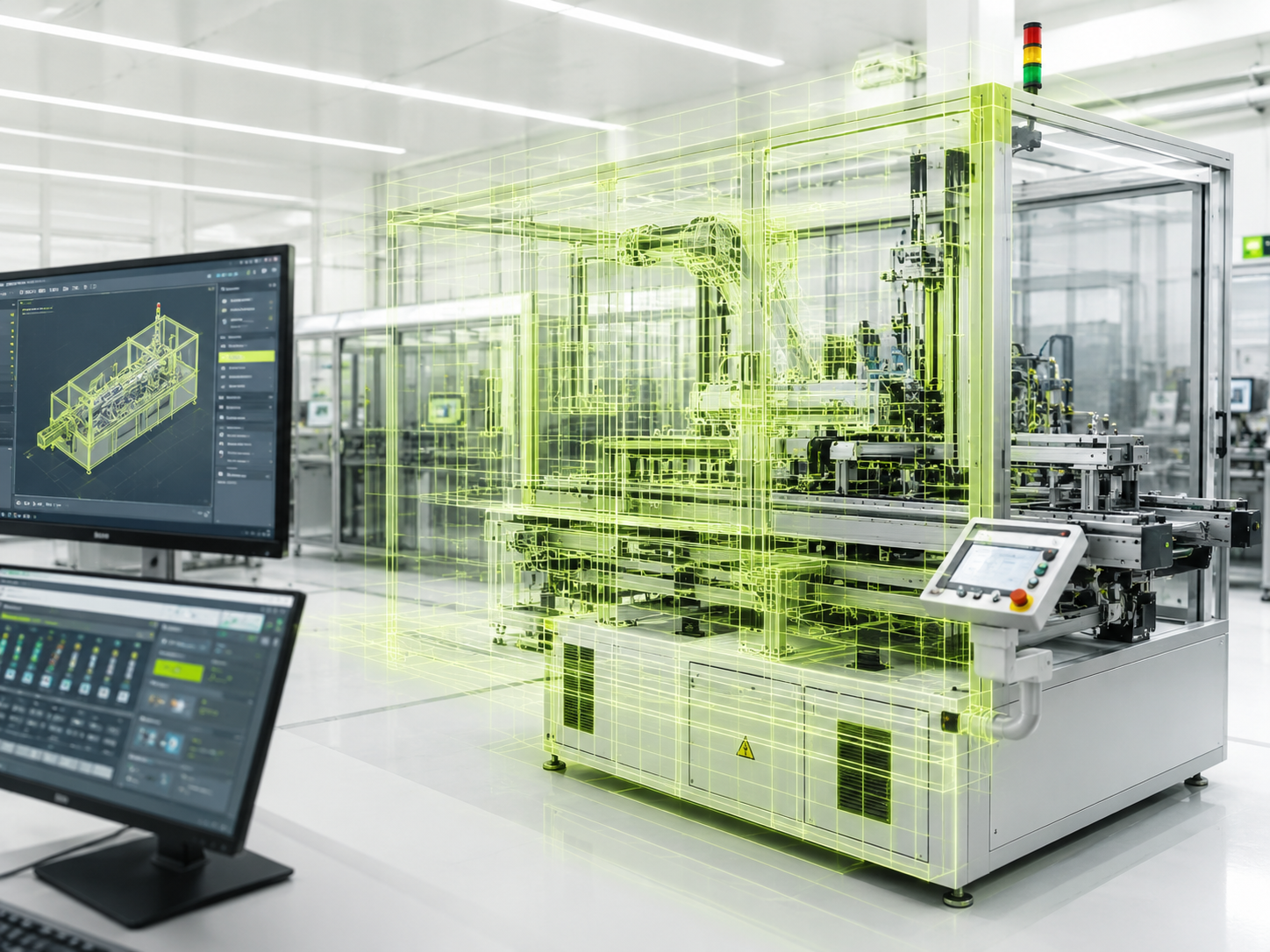 Gemelo digital superpuesto sobre una máquina especial, con el modelo 3D y el HMI de control en pantalla