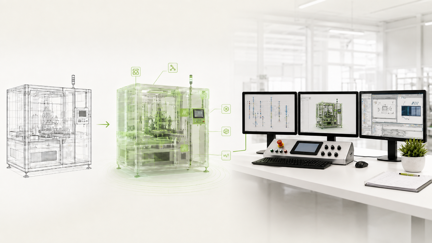 Del modelo 3D en wireframe al gemelo digital funcional, conectado al puesto de control con PLC y HMI